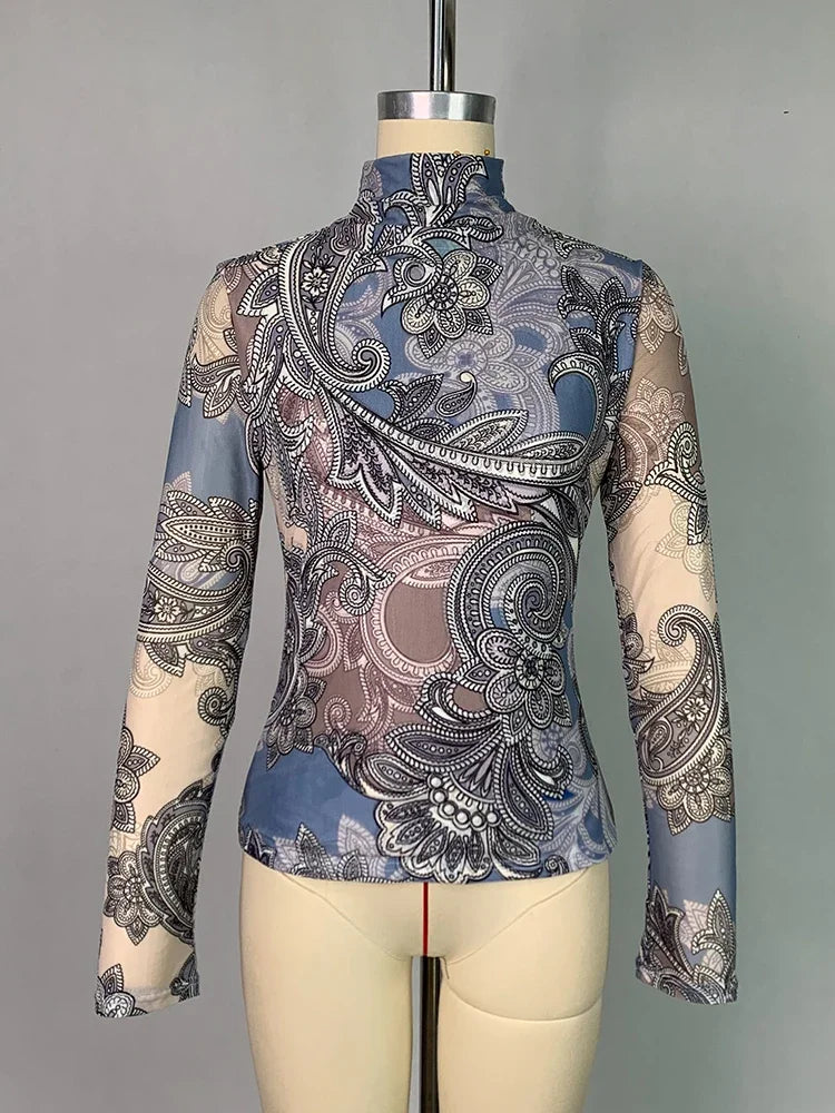 2026 Women's Clothes High Neck T-Shirts New Flower Printed Skinny Long Sleeves Base Layer Tops for Female Autumn Winter Tops