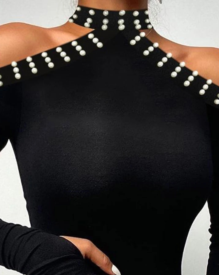 Bodysuit for Women 2022 Beaded Cold Shoulder Long Sleeve Bodysuit 2022 Autumn Europe and America Fashion Women's Clothing
