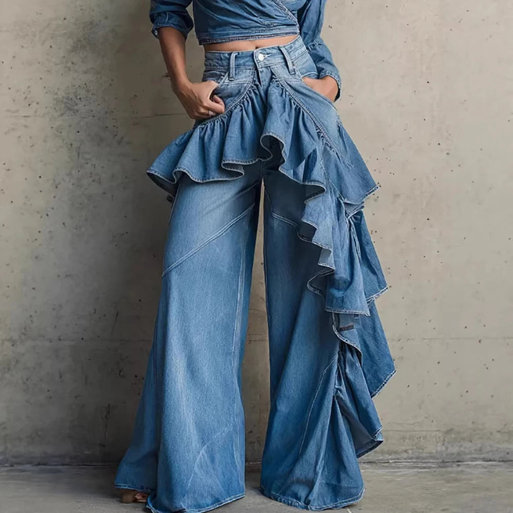 Women's Fashionable Blue Ruffle Wide Leg Jeans High Waist Asymmetrical Fringe Denim Pants Chic Streetwear Vintage Female Jeans