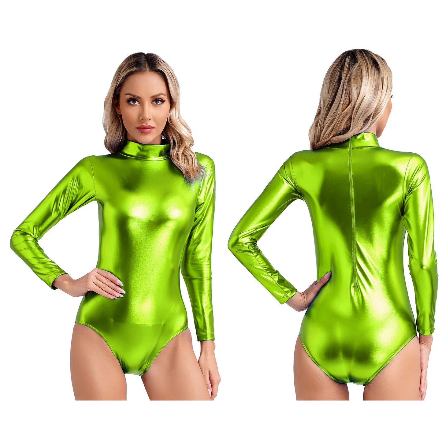 Womens Metallic Shiny Athletic Ballet Leotard Bodysuit Long Sleeve Bodycon Jumpsuit Yoga Fitness One-Piece Ballet Dancewear