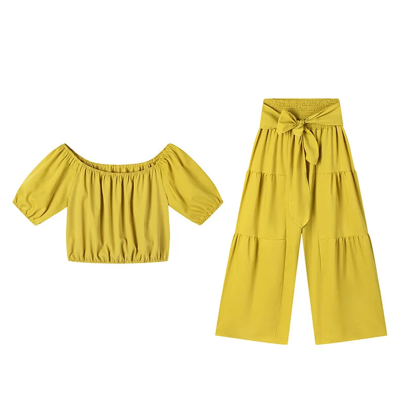 Fashion Puff Sleeve Short Top Sets Ladyelegant O Neck Tops+High Waist Lace-up Wide Leg Pants 2 Pieces Set For Woman Holiday New