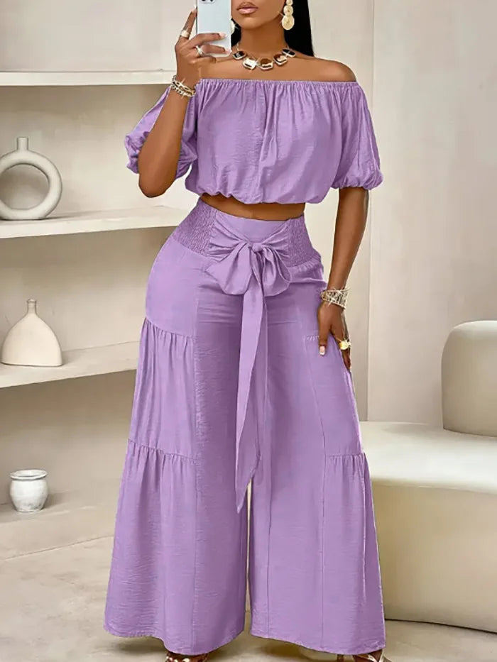 Fashion Puff Sleeve Short Top Sets Ladyelegant O Neck Tops+High Waist Lace-up Wide Leg Pants 2 Pieces Set For Woman Holiday New
