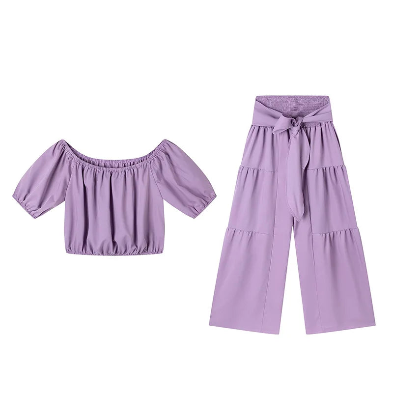 Fashion Puff Sleeve Short Top Sets Ladyelegant O Neck Tops+High Waist Lace-up Wide Leg Pants 2 Pieces Set For Woman Holiday New