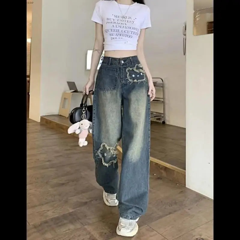 Streetwear Hello Kitty Wide Leg Pants Y2K Sanrio Jeans Women Vintage Blue Casual Loose Straight Trousers Cartoon Fashion Pants