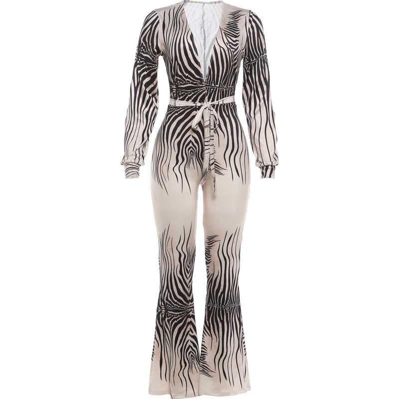 Kliou Stripe Patchwork Flared Jumpsuit Woman Deep V-Neck Hollow Off Shoulder Full Sleeve High Street Sexy Fashion Style Overalls