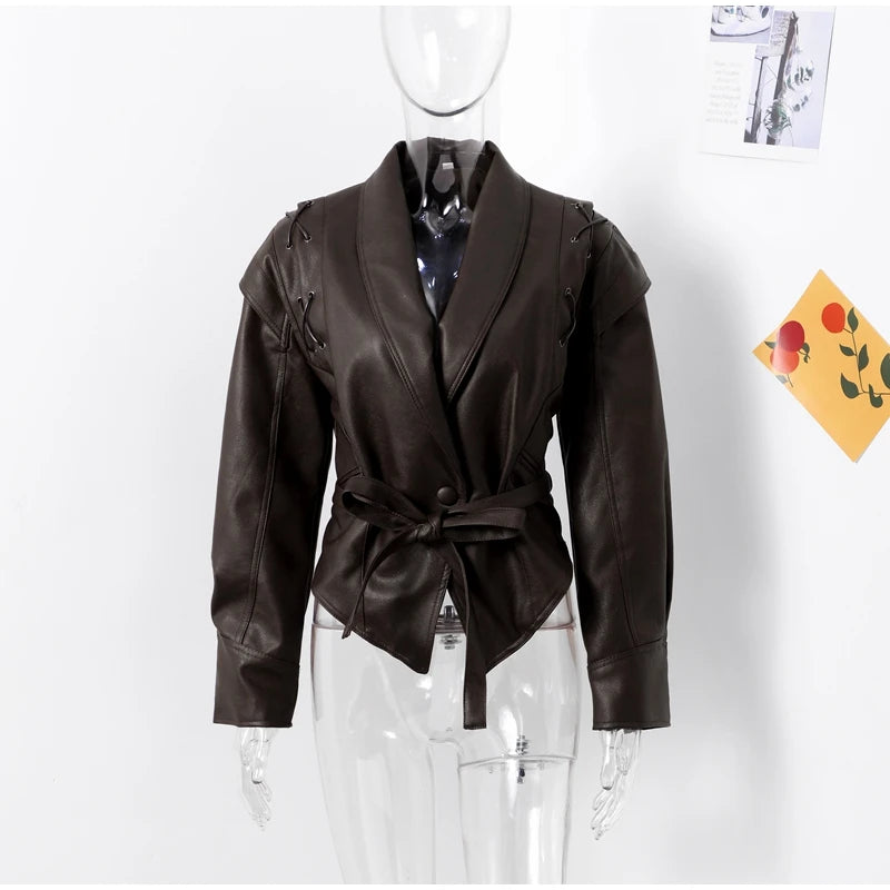 Women Leather Bomber Jackets Coats With Belt Notched Shoulder Pads Motorcycle Street Chic Short Outwear Fashion Solid Lace Up