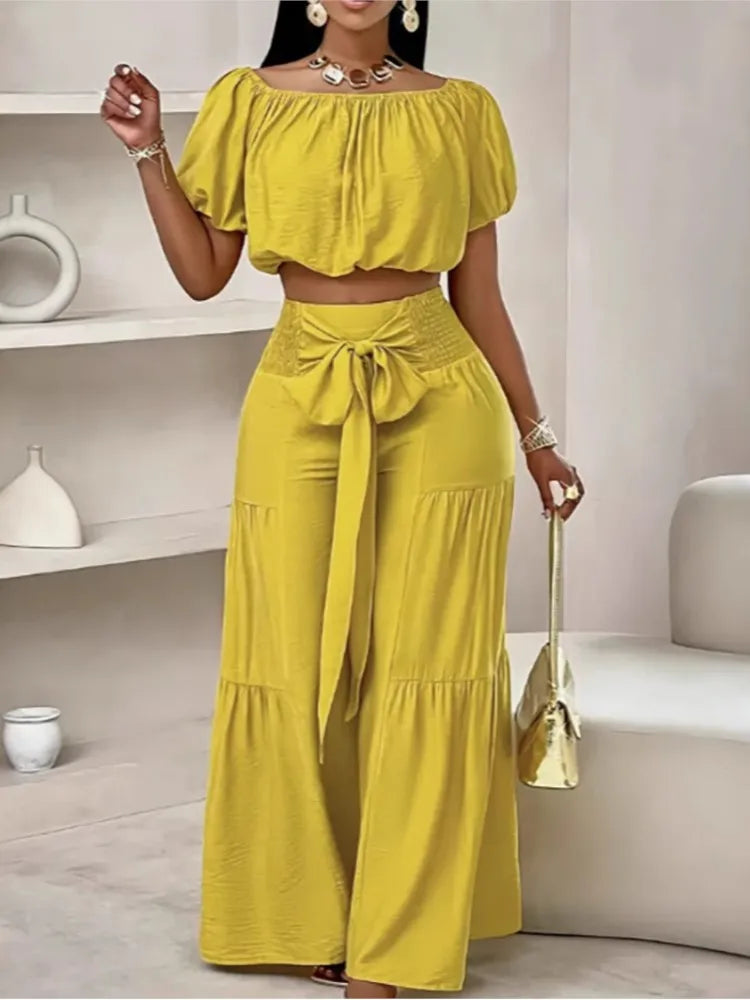 Fashion Puff Sleeve Short Top Sets Ladyelegant O Neck Tops+High Waist Lace-up Wide Leg Pants 2 Pieces Set For Woman Holiday New