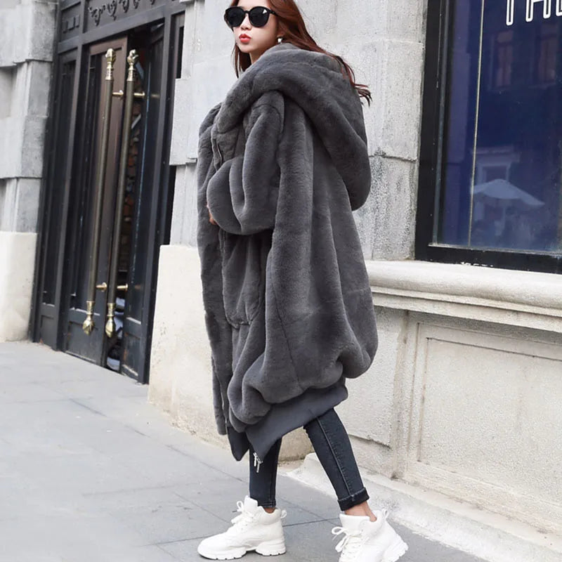 Imitation Rex Rabbit Fur Women Fox Fur Coat 2025 New Winter Warm Hooded Fur Coat Faux Temperament Elegance Women For Coat H460