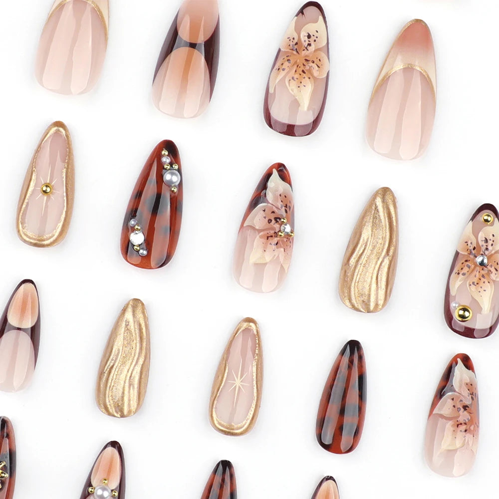 24Pcs Gold Ripple Brown Flowers False Nails with Rhinestones Pearl Design Wearable Almond False Nails Full Cover Press on Nails