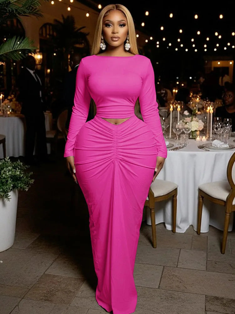 Doyerl Elegant Bodycon Maxi Dress Sets Woman 2 Piece Club Outfit Party Long Sleeve Top + Long Skirt Matching Set Ensembles Robes