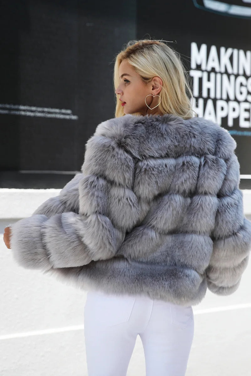 Faux Fur Women Coats Solid Round Neck Full Sleeve Coat Thick Warm Fox Short Open Stitch Elegant Splice Autumn Winter 2024