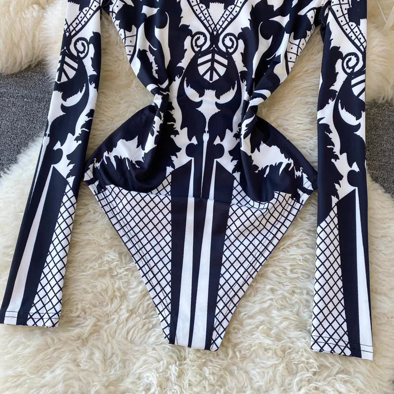 Women Bodysuit 2025 New Spring Fashion Diamonds Long Sleeve T-shirt Casual Streetwear Floral Print Sexy Skinny Bodycon Tops