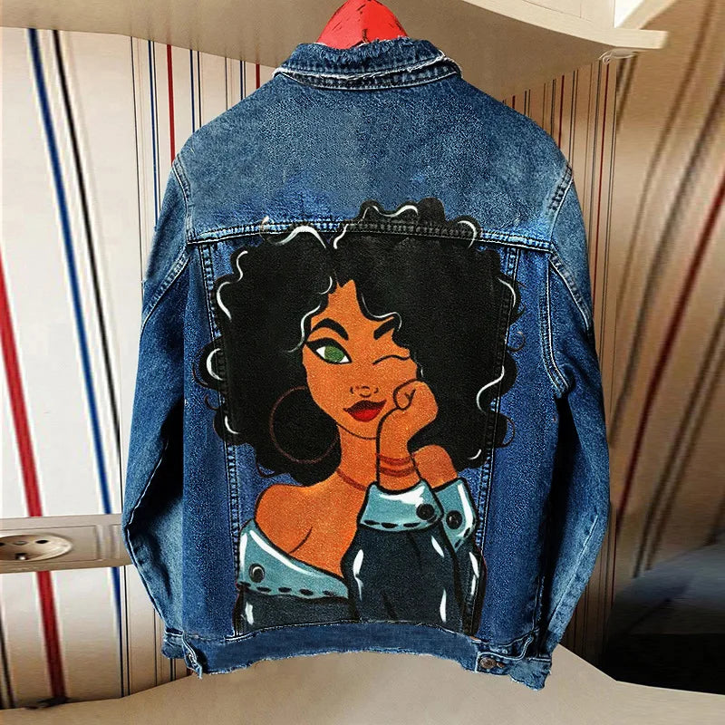 Denim New Jacketstreet Stylewomen's Printing City Girl Wash Water Foreign Trade Denim Jacket Women's 2022 Autumn And Winter New