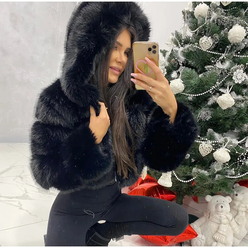 Solid Short Hooded Faux Fur Coat Women Chic Full Sleeve Zipper Cropped Loose Warm Coats Lady Winter Daily Highstreet Outerwears