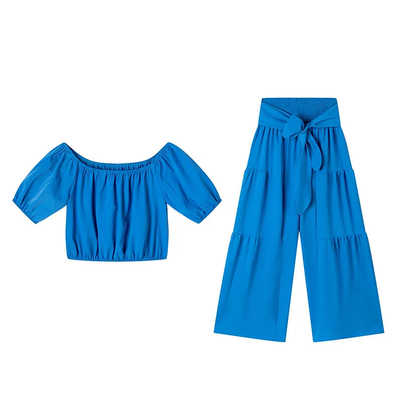 Fashion Puff Sleeve Short Top Sets Ladyelegant O Neck Tops+High Waist Lace-up Wide Leg Pants 2 Pieces Set For Woman Holiday New