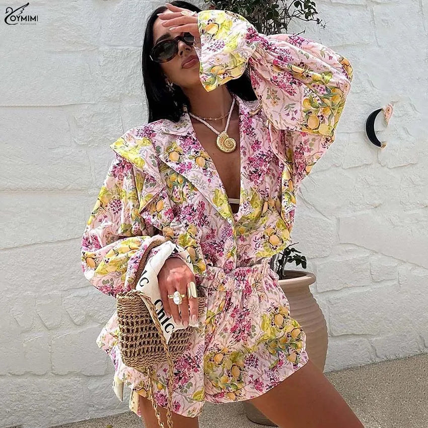 Oymimi Elegant Pink Print 2 Pieces Set For Woman Fashion Lapel Long Sleeve Ruffled Button Shirts And High Waisted Shorts Sets