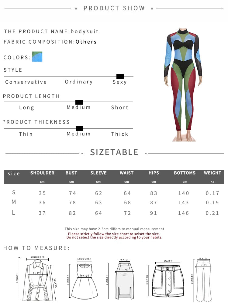 Nibber Colorful Print Jumpsuits Woman Turtleneck Full Sleeve Sexy See Through Skinny Peach Hip Hottie Street Fashion Overalls
