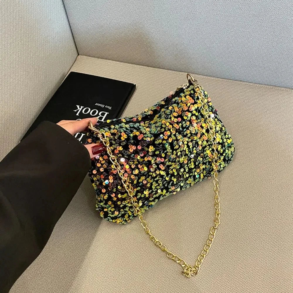 Solid Color Sequins Crossbody Bag Simple INS Chain Sequins Shoulder Bag Pocket Bag Phone Bag Small Square Bag Dinner Party