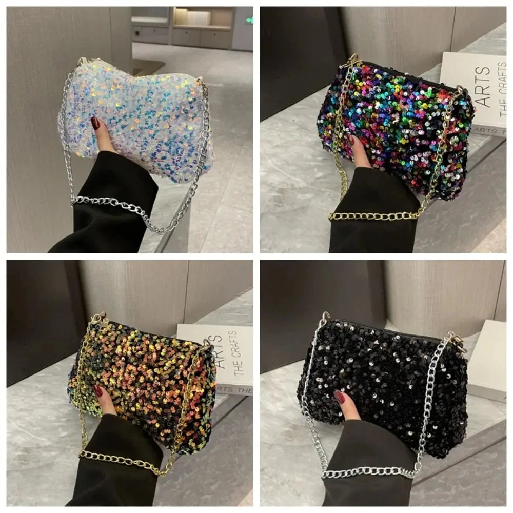 Solid Color Sequins Crossbody Bag Simple INS Chain Sequins Shoulder Bag Pocket Bag Phone Bag Small Square Bag Dinner Party