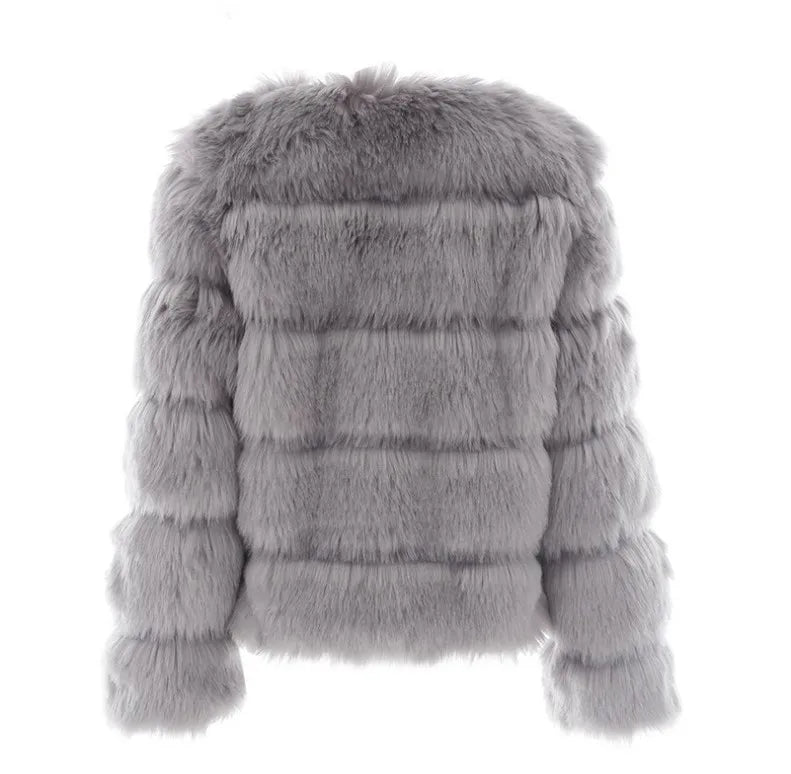 Faux Fur Women Coats Solid Round Neck Full Sleeve Coat Thick Warm Fox Short Open Stitch Elegant Splice Autumn Winter 2024