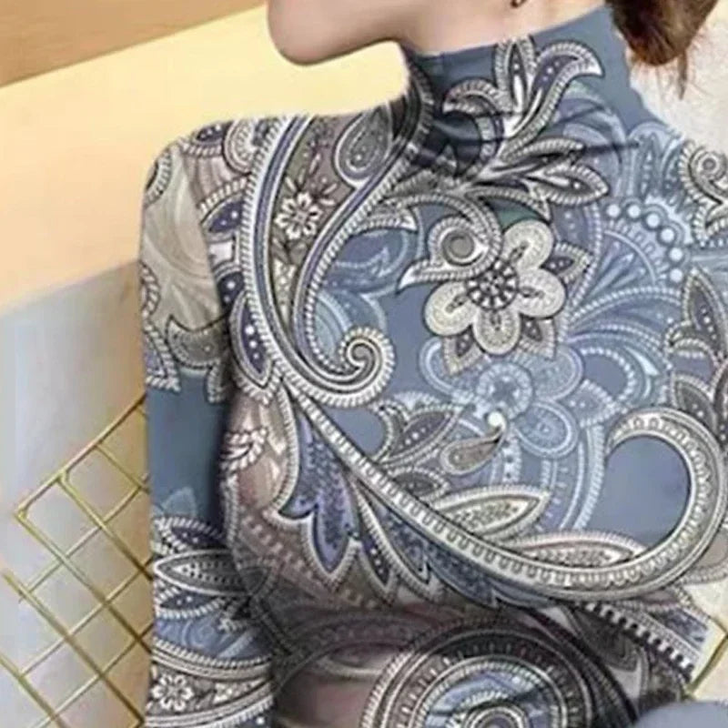 2026 Women's Clothes High Neck T-Shirts New Flower Printed Skinny Long Sleeves Base Layer Tops for Female Autumn Winter Tops
