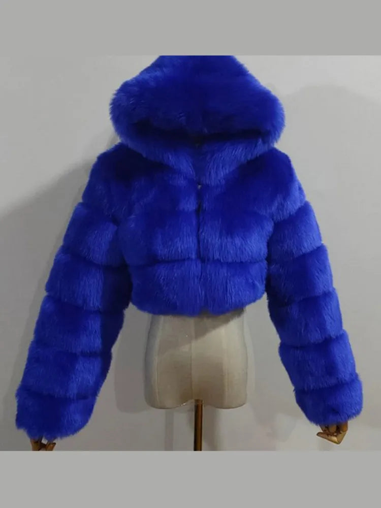 Solid Short Hooded Faux Fur Coat Women Chic Full Sleeve Zipper Cropped Loose Warm Coats Lady Winter Daily Highstreet Outerwears