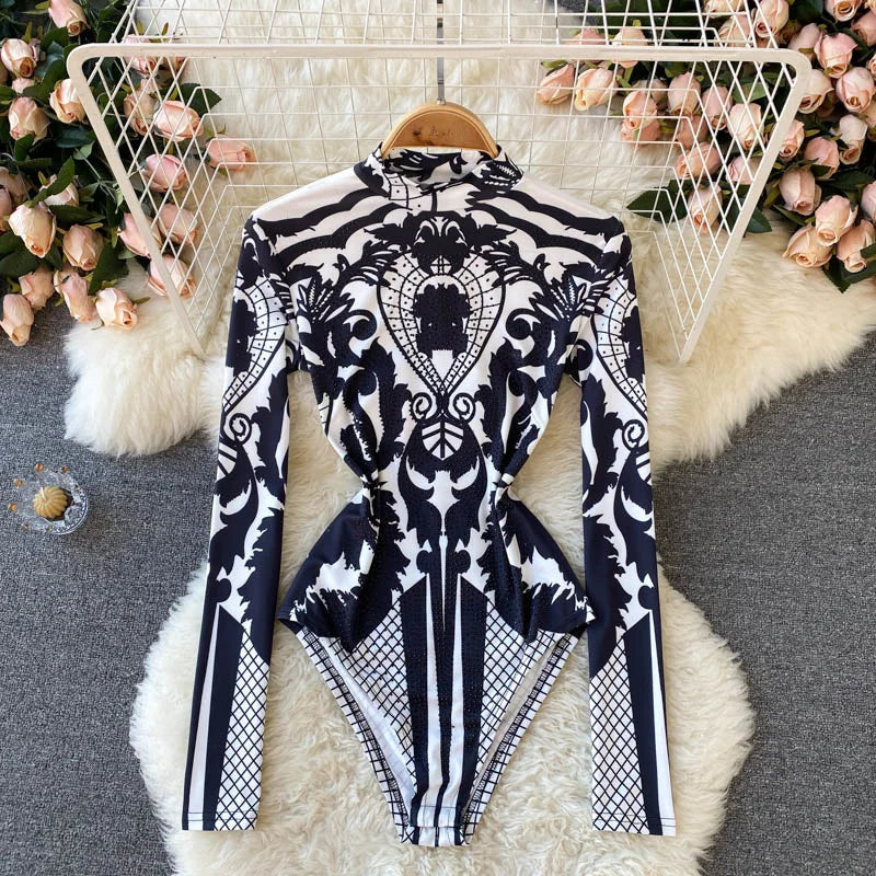 Women Bodysuit 2025 New Spring Fashion Diamonds Long Sleeve T-shirt Casual Streetwear Floral Print Sexy Skinny Bodycon Tops