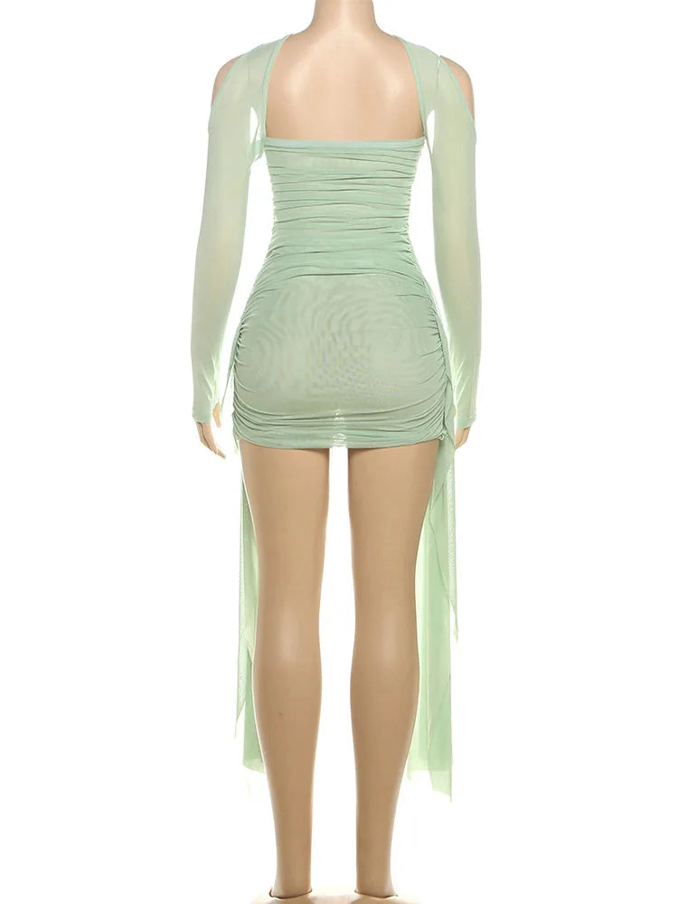 kliou Mesh Simple Women Mini Dress Fashion Solid Strapless Ribbons Tassel Body-shaping Vestidos+Seperately Full Sleeve Gloves