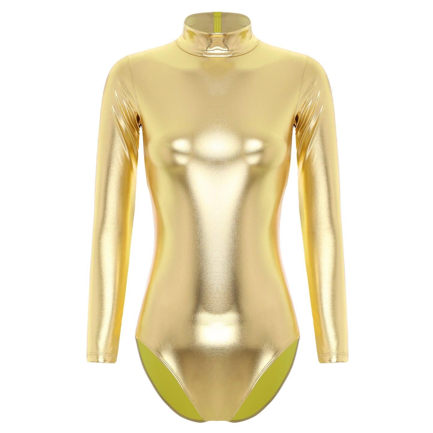 Womens Metallic Shiny Athletic Ballet Leotard Bodysuit Long Sleeve Bodycon Jumpsuit Yoga Fitness One-Piece Ballet Dancewear