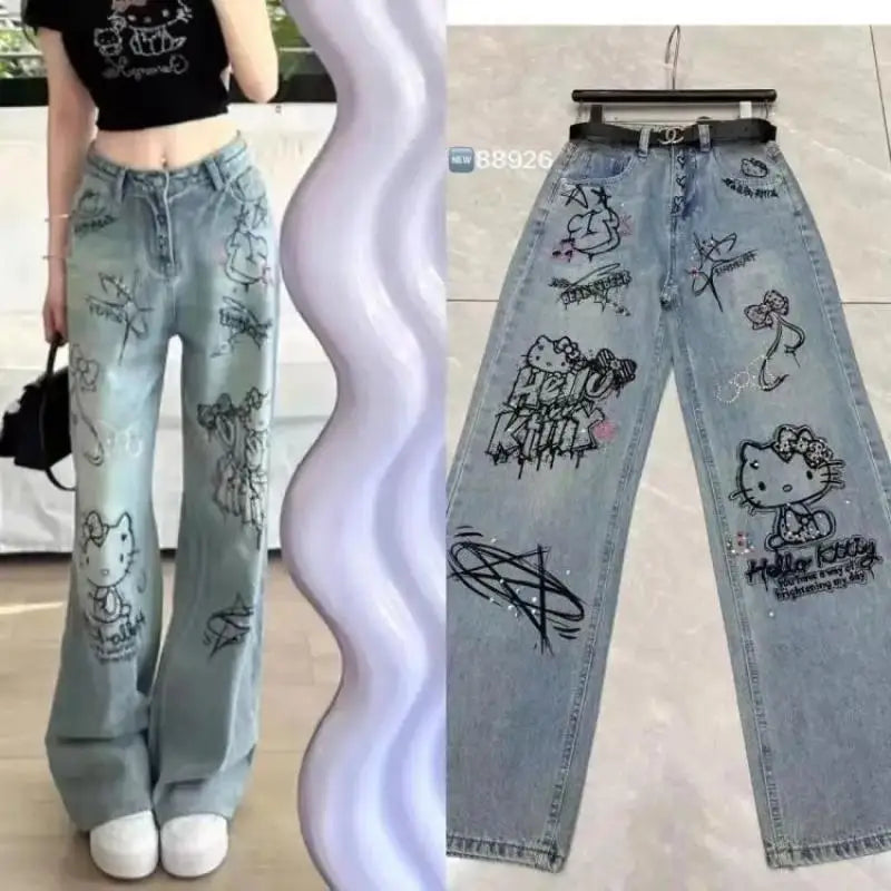 Streetwear Hello Kitty Wide Leg Pants Y2K Sanrio Jeans Women Vintage Blue Casual Loose Straight Trousers Cartoon Fashion Pants