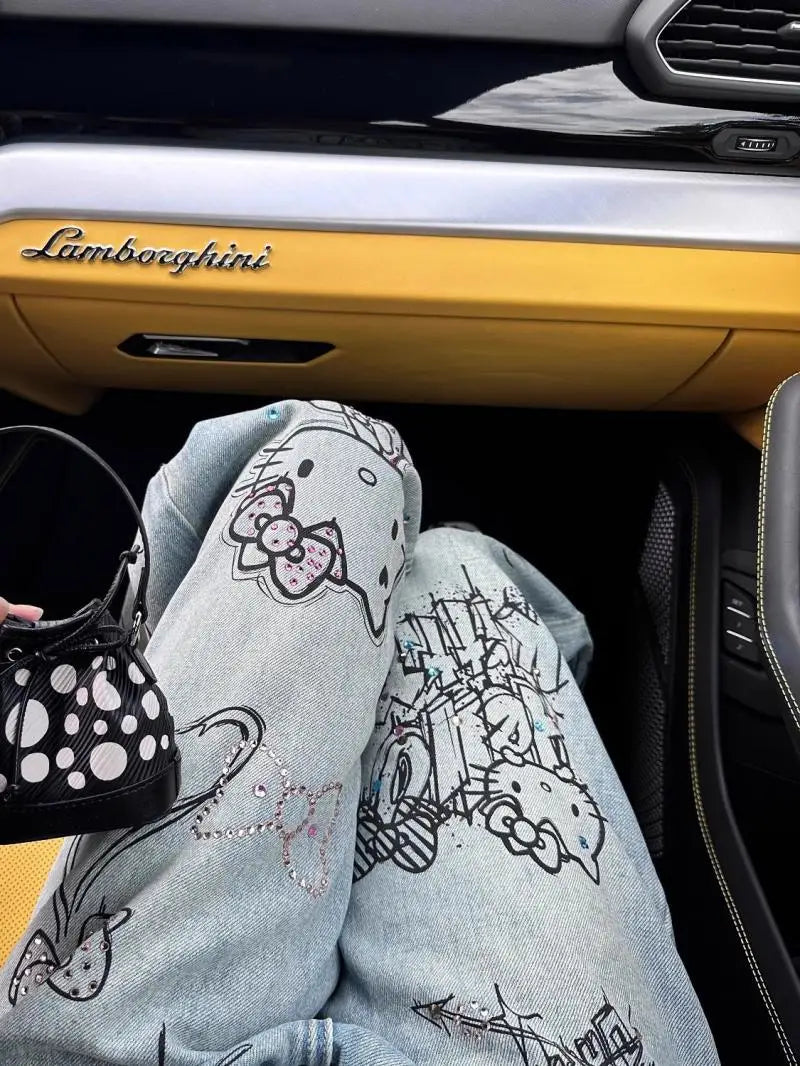 Streetwear Hello Kitty Wide Leg Pants Y2K Sanrio Jeans Women Vintage Blue Casual Loose Straight Trousers Cartoon Fashion Pants
