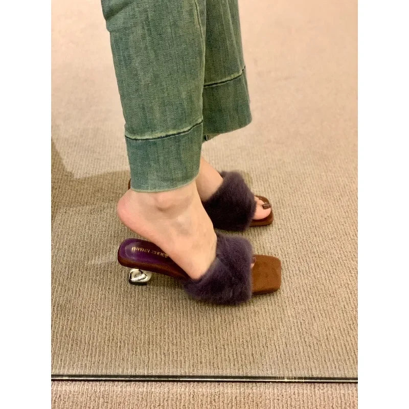 2025 New High Heel Temperament Fuzzy Slippers Autumn and Winter Square Toe Block Heel Women's Cotton Mops