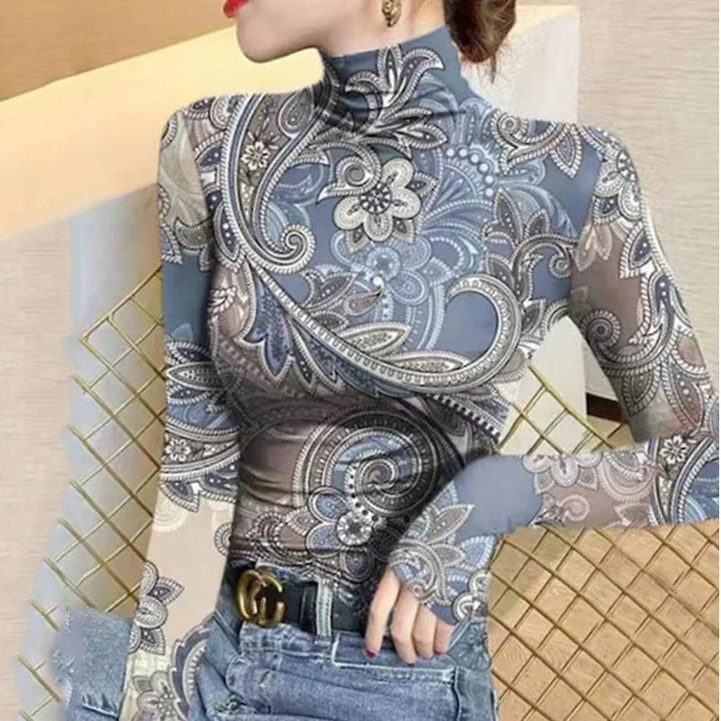 2026 Women's Clothes High Neck T-Shirts New Flower Printed Skinny Long Sleeves Base Layer Tops for Female Autumn Winter Tops