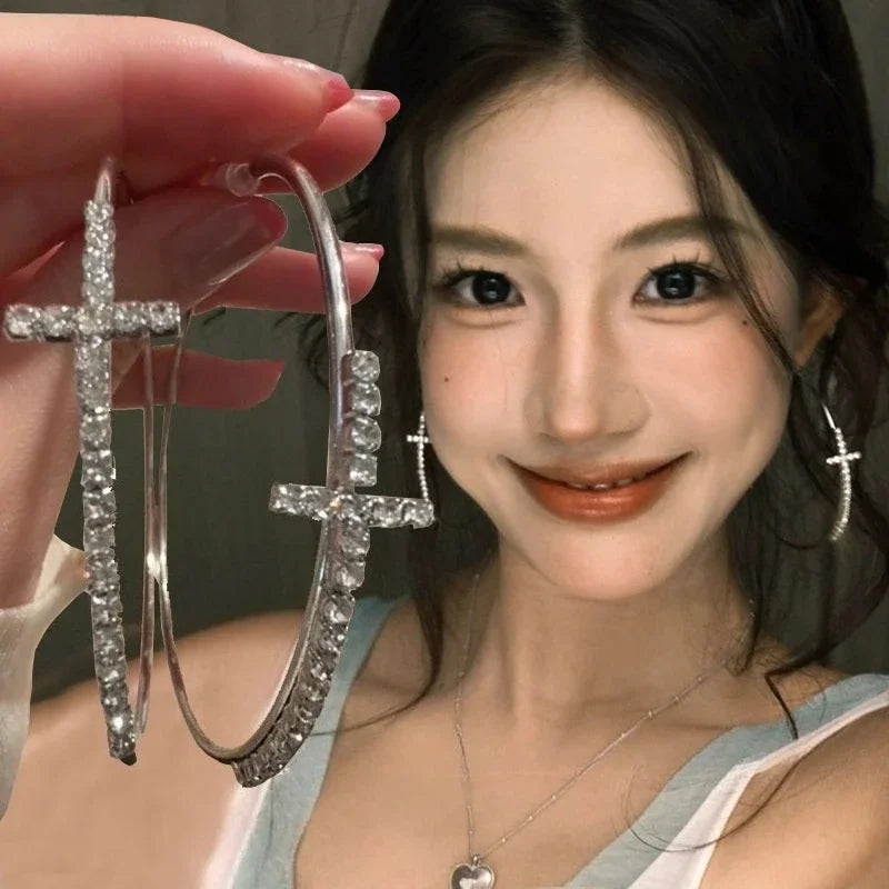 Shiny Big Circel Cross Hoop Earrings for Women Girl Rhinestone Geometric Ear Buckles Earrings Wedding Party Jewelry Accessories