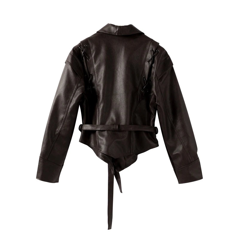 Women Leather Bomber Jackets Coats With Belt Notched Shoulder Pads Motorcycle Street Chic Short Outwear Fashion Solid Lace Up
