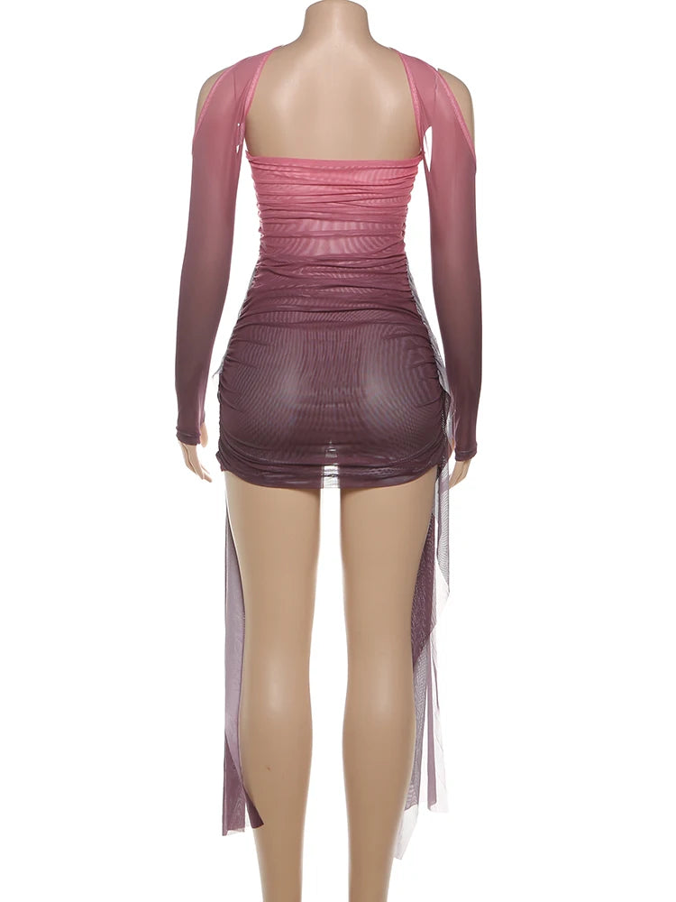 kliou Mesh Simple Women Mini Dress Fashion Solid Strapless Ribbons Tassel Body-shaping Vestidos+Seperately Full Sleeve Gloves