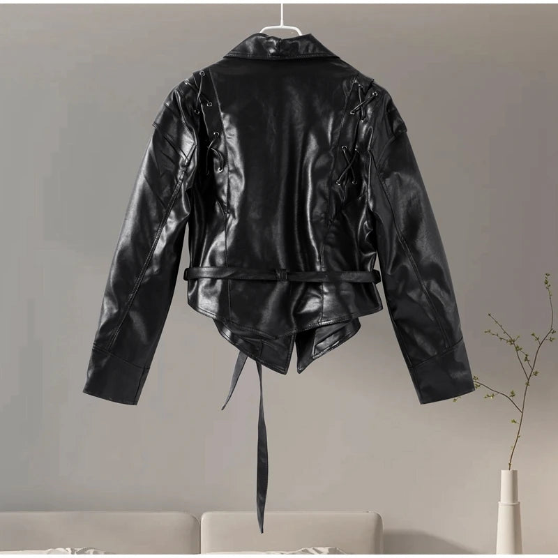 Women Leather Bomber Jackets Coats With Belt Notched Shoulder Pads Motorcycle Street Chic Short Outwear Fashion Solid Lace Up