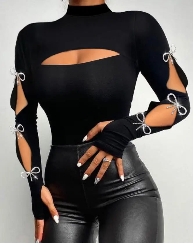 Bodysuit for Women 2022 Beaded Cold Shoulder Long Sleeve Bodysuit 2022 Autumn Europe and America Fashion Women's Clothing