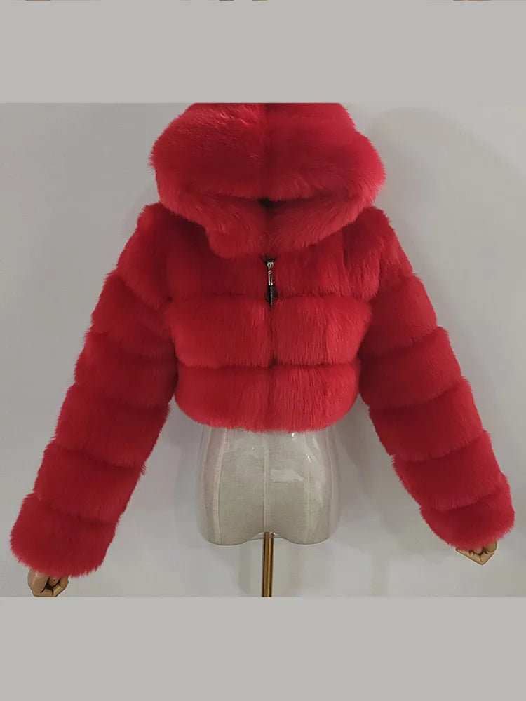 Solid Short Hooded Faux Fur Coat Women Chic Full Sleeve Zipper Cropped Loose Warm Coats Lady Winter Daily Highstreet Outerwears