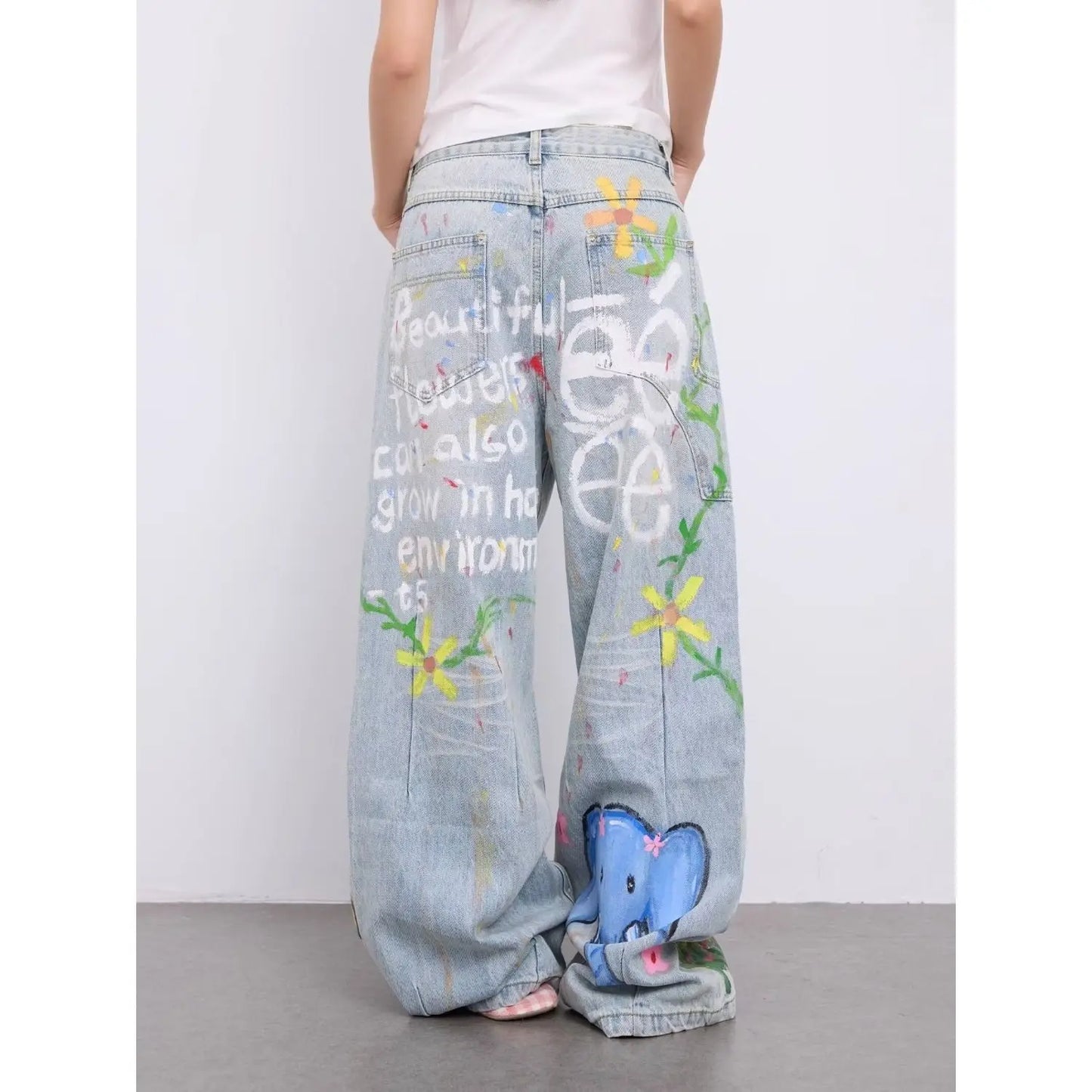 Women's Blue Cartoon Denim Y2K Harajuku Streetwear Cute Aesthetic Vintage Wide Leg Jeans Fashionable Retro Style Clothing 2025