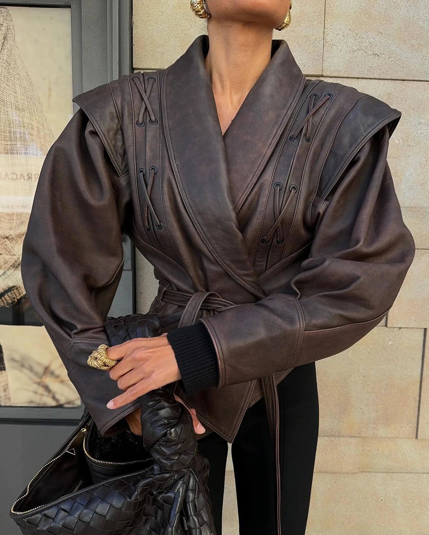 Women Leather Bomber Jackets Coats With Belt Notched Shoulder Pads Motorcycle Street Chic Short Outwear Fashion Solid Lace Up