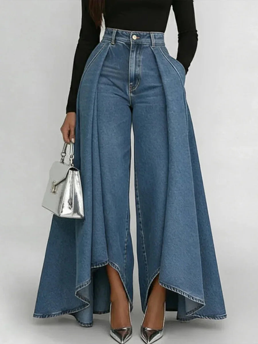 Fashion High Rise Denim Culottes Jeans Side Drape Oversized Wide Leg Pants Loose Fit Casual Street Trousers