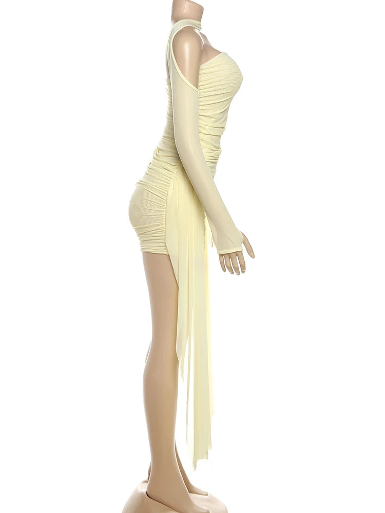 kliou Mesh Simple Women Mini Dress Fashion Solid Strapless Ribbons Tassel Body-shaping Vestidos+Seperately Full Sleeve Gloves