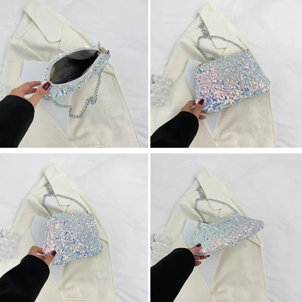Solid Color Sequins Crossbody Bag Simple INS Chain Sequins Shoulder Bag Pocket Bag Phone Bag Small Square Bag Dinner Party
