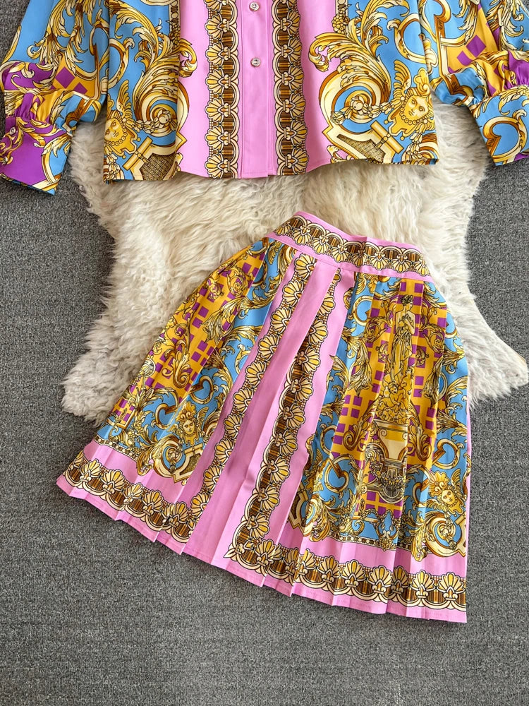 Spring Summer Vintage Short Skirt Two Piece Set for Women Fashion High Waist and Shirts Top 2 Piece Sets Pleated Skirts Outfits