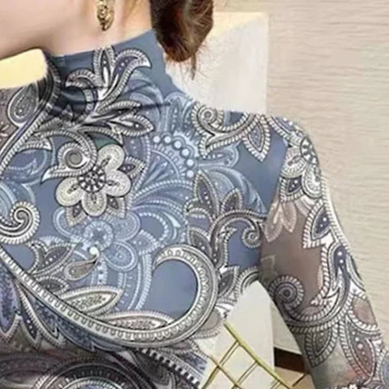 2026 Women's Clothes High Neck T-Shirts New Flower Printed Skinny Long Sleeves Base Layer Tops for Female Autumn Winter Tops