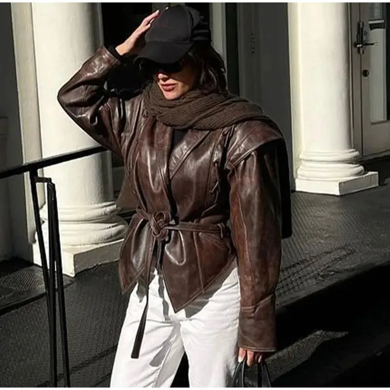 Women Leather Bomber Jackets Coats With Belt Notched Shoulder Pads Motorcycle Street Chic Short Outwear Fashion Solid Lace Up