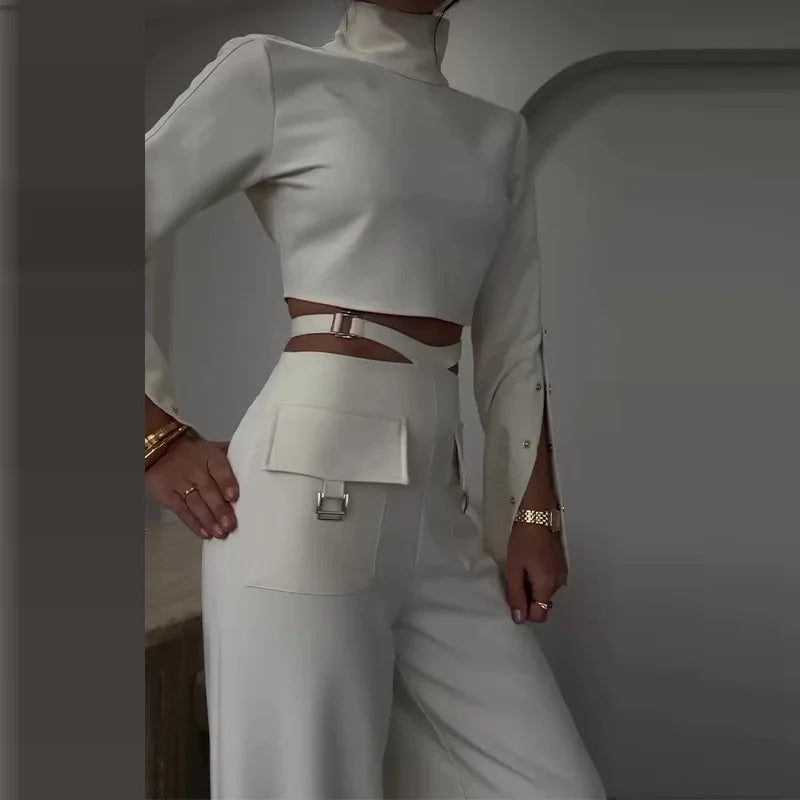 Women Pant Set Work Two Piece Sets Turtleneck Full Sleeve Tops Sexy Wide Leg Long Pants Loose Casual Elegant Matching Sets