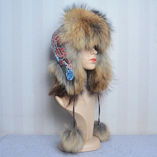 Winter Fur Hat for Women Hat with Ear Real Fox Fur Caps Russian Women Bomber Hats Bonnets Trapper Cap Camo Fox Hat Wholesale