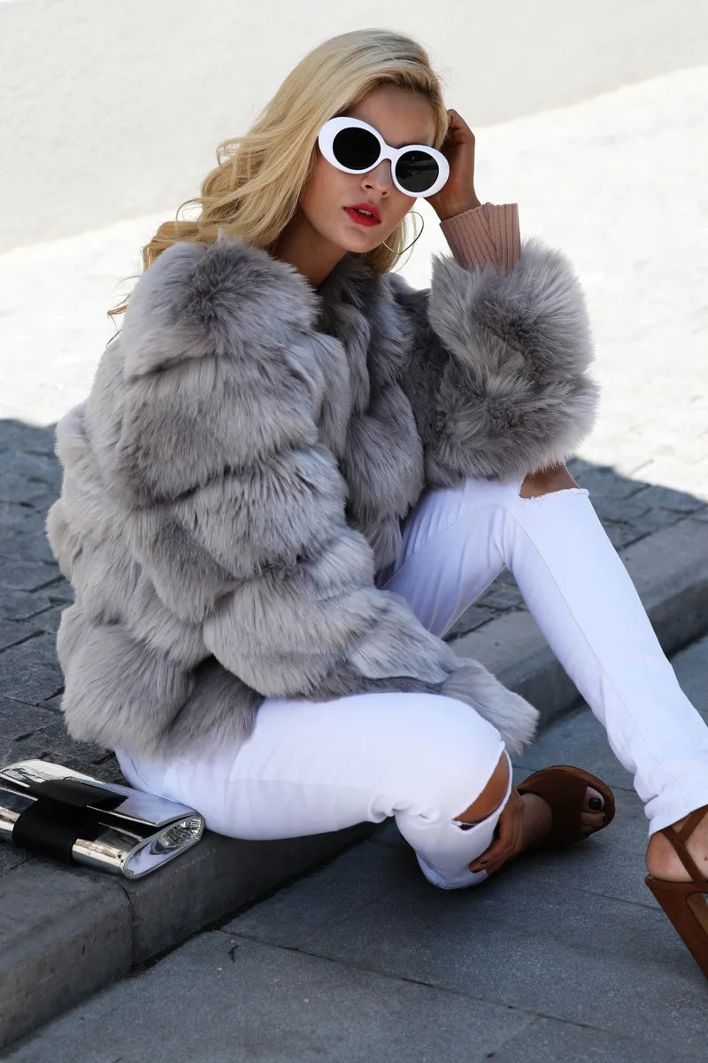 Faux Fur Women Coats Solid Round Neck Full Sleeve Coat Thick Warm Fox Short Open Stitch Elegant Splice Autumn Winter 2024